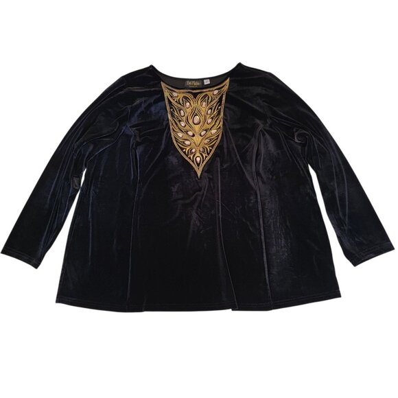 Vintage 90s Bob Mackie Top Wearable Art Embellished Peacock Black Artsy 3X - Picture 1 of 11